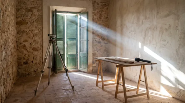Empty room in an older Mallorcan house with a survey tripod set up on the bare tiled floor