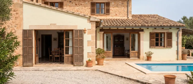 Villa mallorquina preparada para una visita con las persianas abiertas, la terraza barrida y la piscina limpia