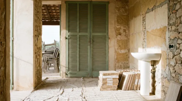 Bathroom stripped to bare walls in a Mallorcan rental property with boxed tiles standing ready