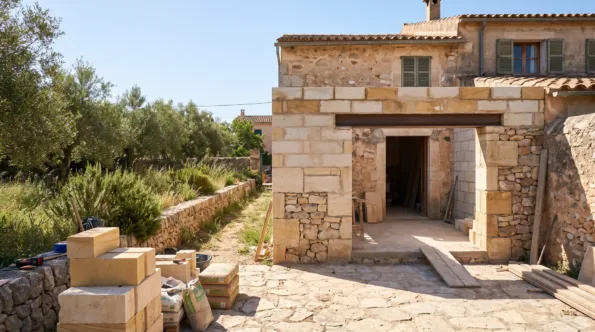 Single-storey addition going up at the back of a narrow Mallorcan town house in a walled garden