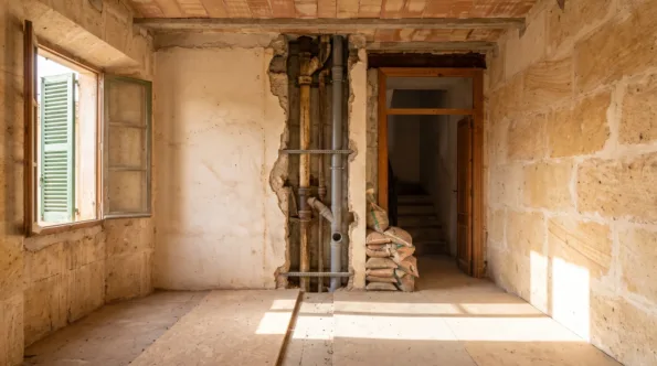 Mallorcan apartment stripped back with the bathroom wall opened to the shared drainage riser