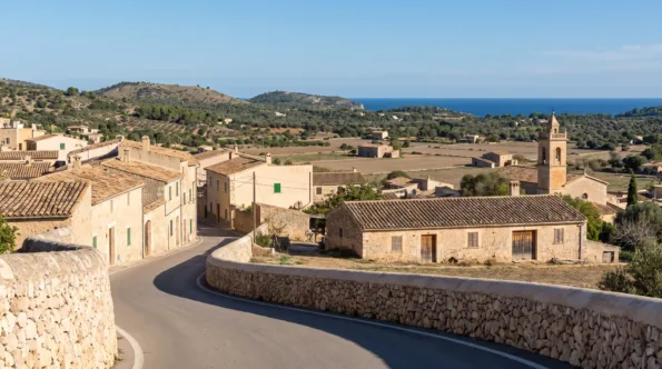 Road running out of a Mallorcan town past farmland and low hills toward the sea beyond