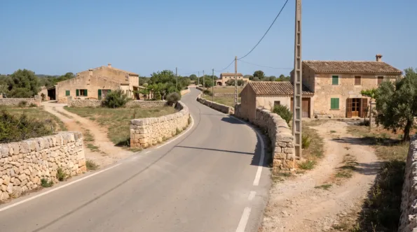 Landstraße, die sich über flaches mallorquinisches Ackerland zu einem kleinen Dorf im Inselinneren dahinter windet