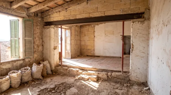 Stripped hill-town interior on Mallorca where two rooms meet at a change of floor level