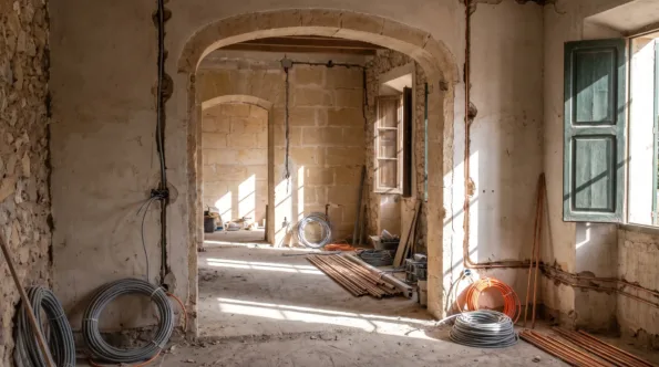 Mallorcan villa at first fix seen through stripped doorways with chases cut in every room