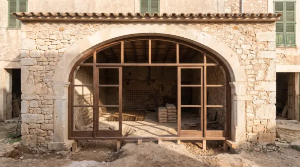 Arched cart doorway of an old Mallorcan stone store with a new glazing frame propped in it