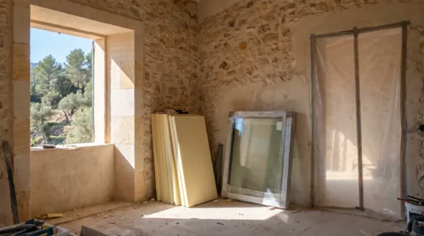 Habitación en una casa de piedra mallorquina en ladera con paneles de aislamiento y un acristalamiento embalado