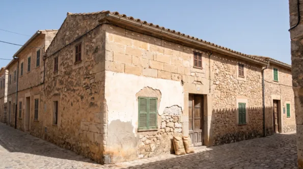Stone village house on a narrow Mallorcan street with render cut back to the rubble stone