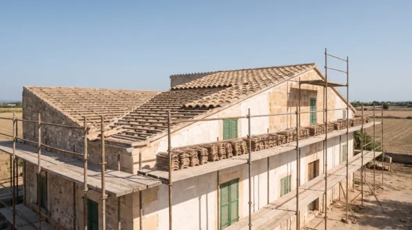Scaffolding along a low Mallorcan farmhouse with one long roof slope stripped to its battens