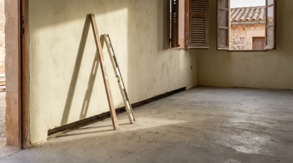 Shadow gap at the base of a flush plastered wall in a Mallorcan room with no skirting board