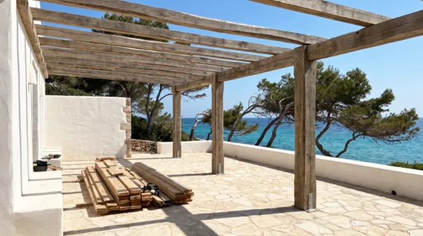 Terraza costera expuesta en Mallorca con una pérgola de madera maciza en construcción sobre ella