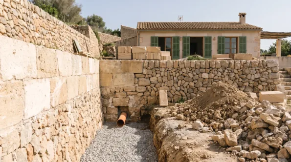 Terrassiertes mallorquinisches Hanggrundstück mit einer am Fuß für die Entwässerung geöffneten Stützmauer