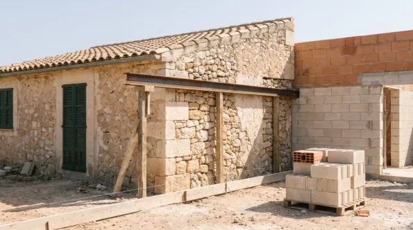 New extension blockwork toothed into the old stone wall of a Mallorcan house under a needle
