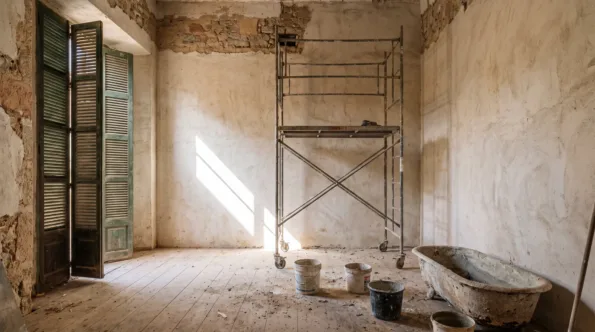 Sehr hoher Raum in einem alten mallorquinischen Stadthaus mit einem Fahrgerüst unter der Decke