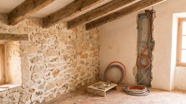 Corner of a finca interior on Mallorca where lime repointing meets a new chase in the plaster