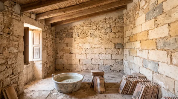 Finca interior on Mallorca stripped to its rubble stone walls and heavy timber ceiling beams
