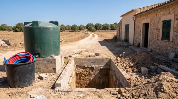 Excavation for a waste treatment tank in a finca yard on Mallorca with a water deposit near it