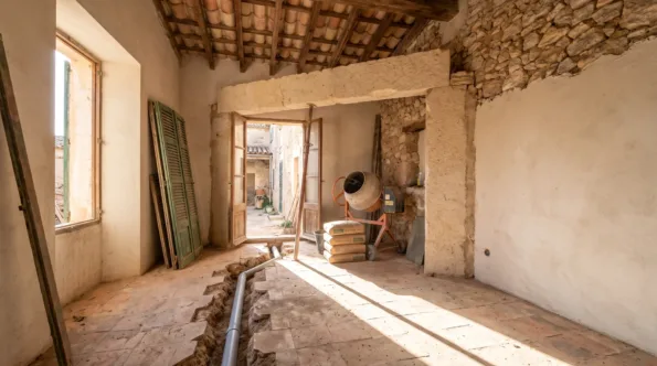 Room in a Mallorcan house with a new lintel, a part-rendered wall and pipe laid in the floor