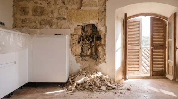 Modern kitchen in a Mallorcan hillside house with the wall opened behind it to old wiring