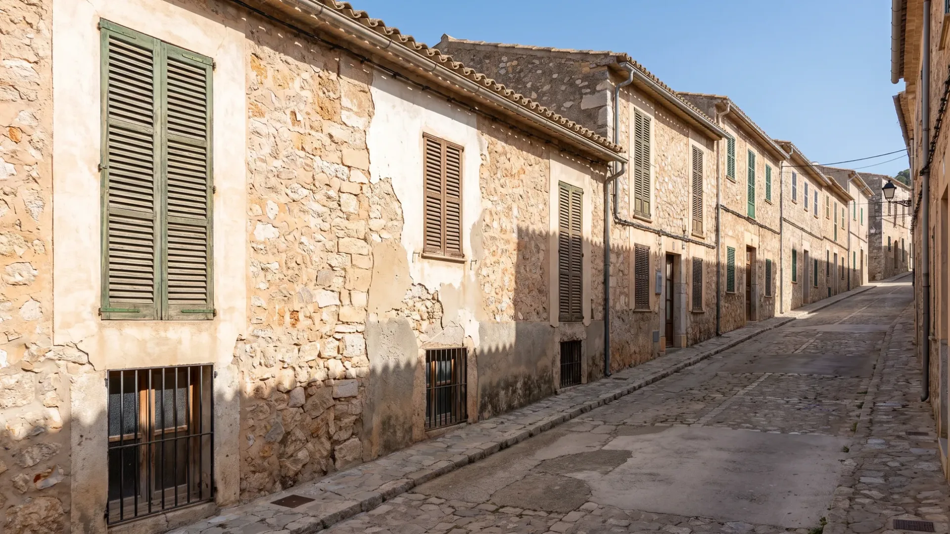 Row of attached stone houses along a Mallorcan village street with shuttered windows and old render