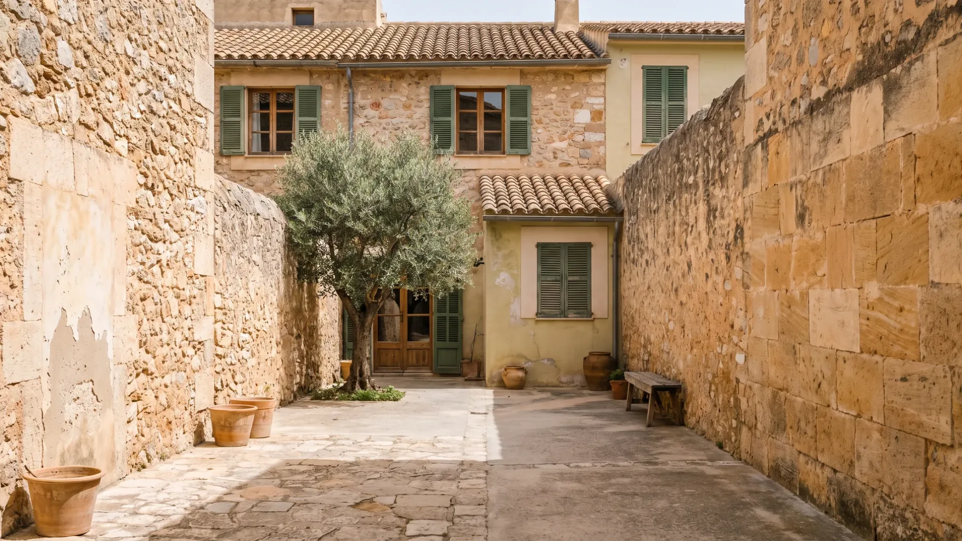 Long narrow courtyard behind a Mallorcan stone town house enclosed by high party walls