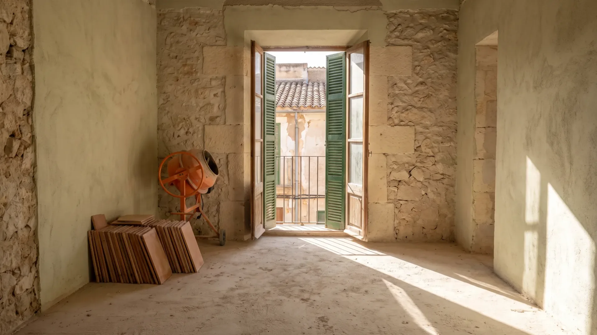 Interior of a Mallorcan apartment under renovation with a bare screed floor and balcony door open