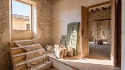 Stairwell and landing of a Mallorcan apartment block with a front door open to a bare flat