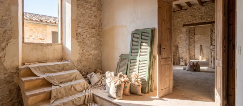 Escalera y rellano de un bloque de pisos mallorquín con una puerta de entrada abierta a un piso desnudo