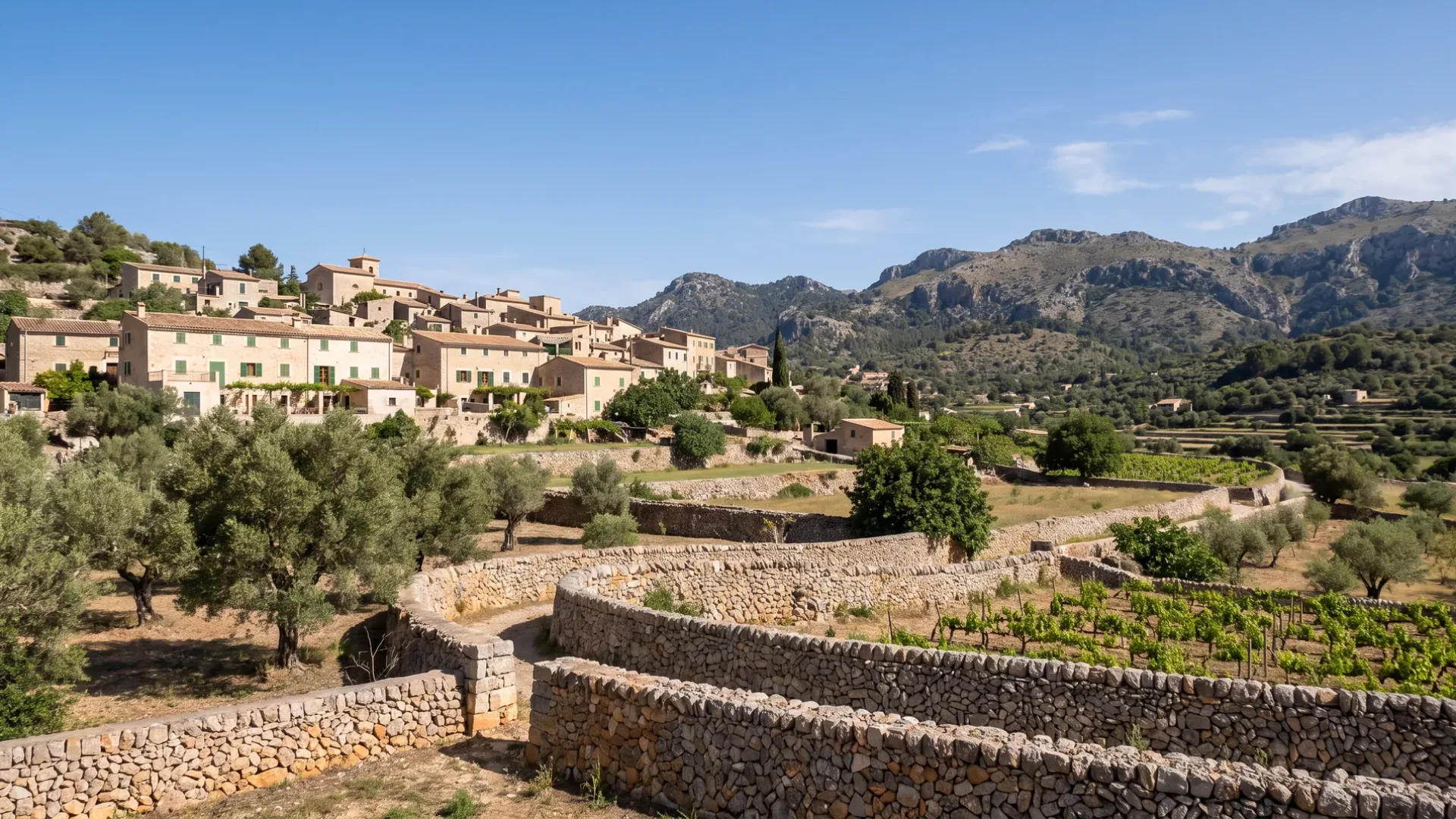 View across Mallorca showing a hill village, farmland divided by dry-stone walls and mountains