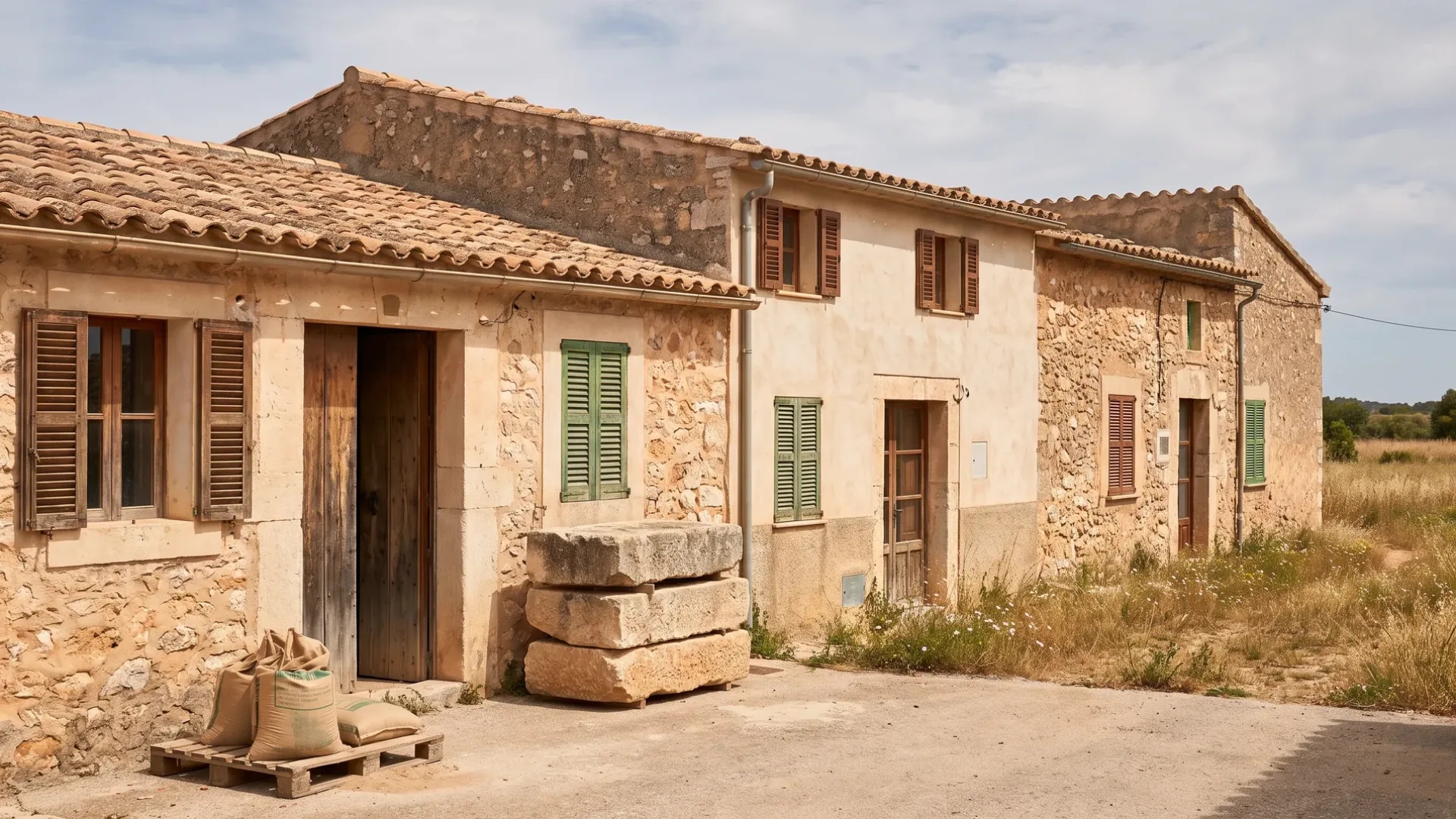 Kleiner Dorfplatz im mallorquinischen Inselinneren mit niedrigen Steinhäusern und offenen Feldern dahinter