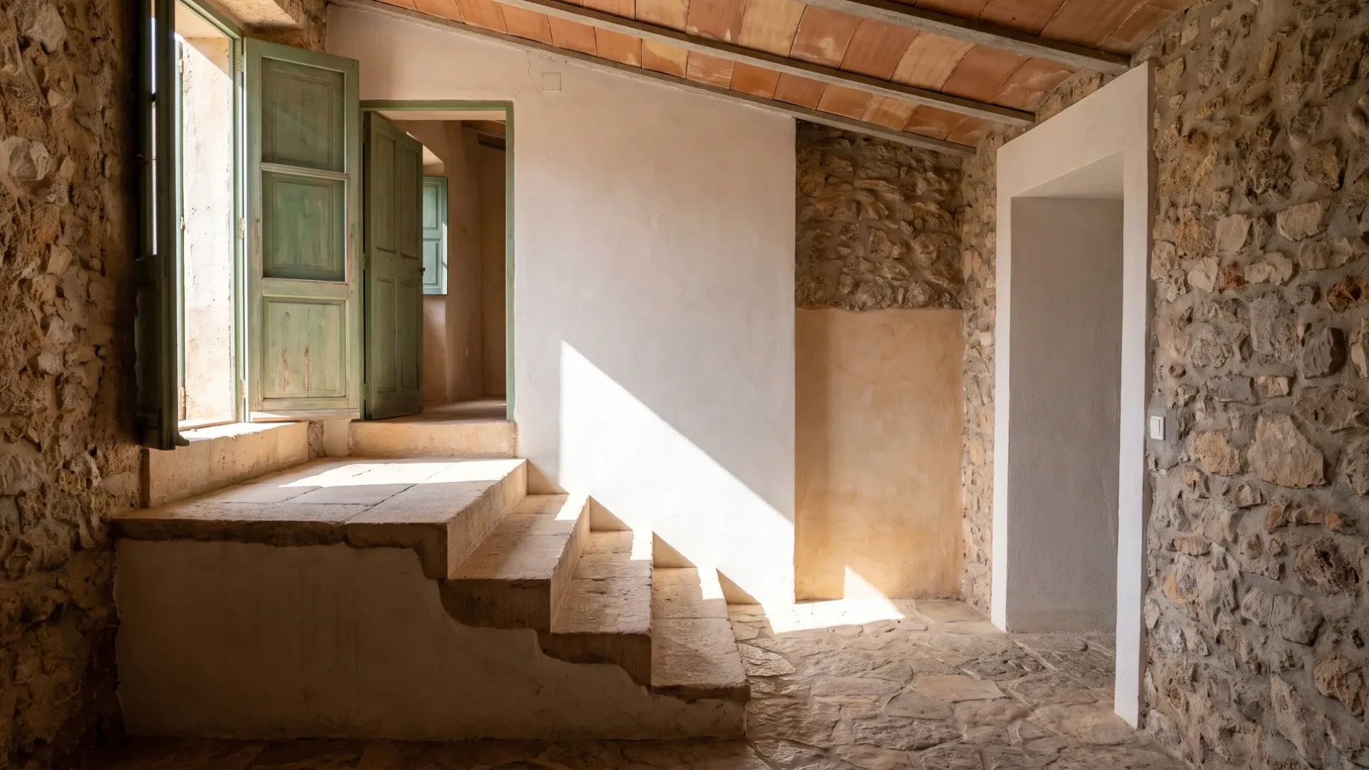 Interior of a Mallorcan hill-town house where the floors step between levels of one storey