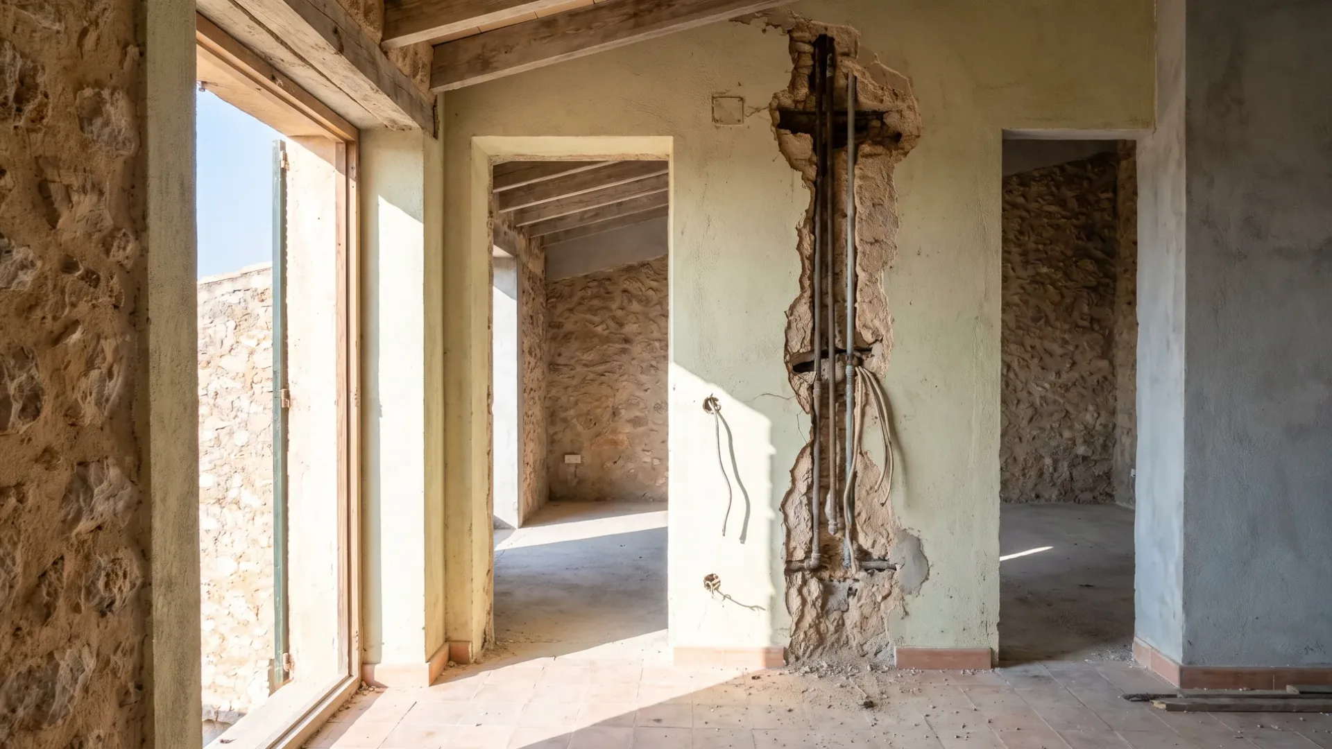 Hillside Mallorcan villa interior with the wall chased open and old wiring exposed in the plaster