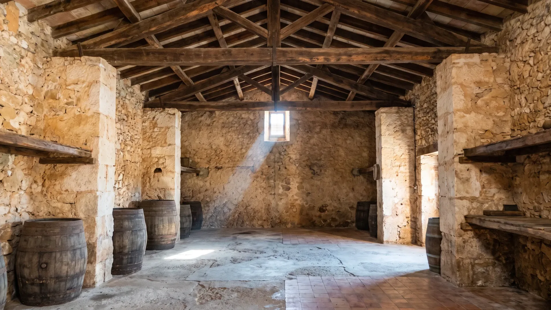 Interior of a large Mallorcan stone bodega with a high timber roof and walls a metre thick