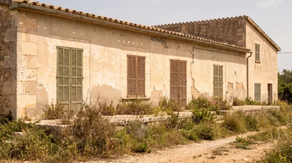 Empty older Mallorcan house standing unused with closed shutters and an overgrown garden in front