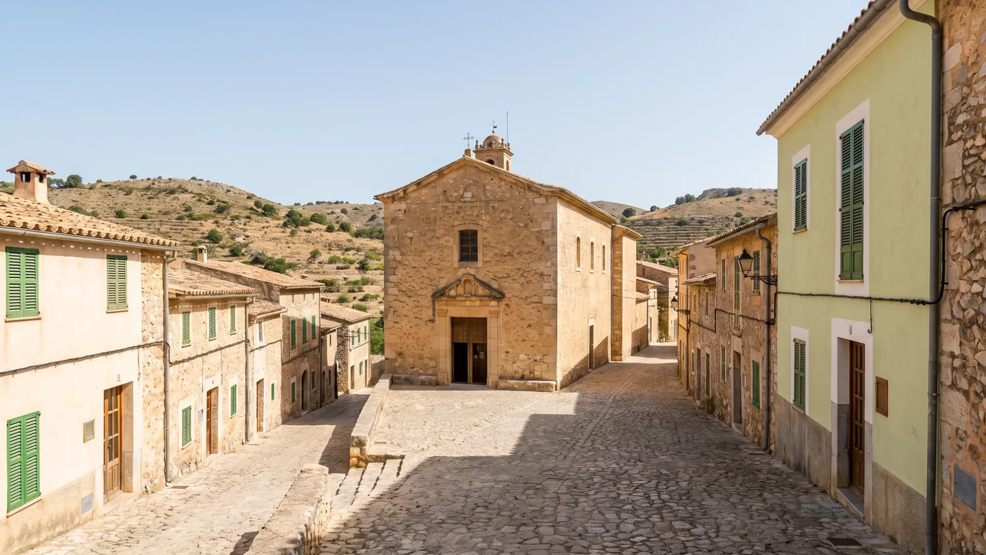 Old inland Mallorcan village of stone houses around a church square with lanes climbing away