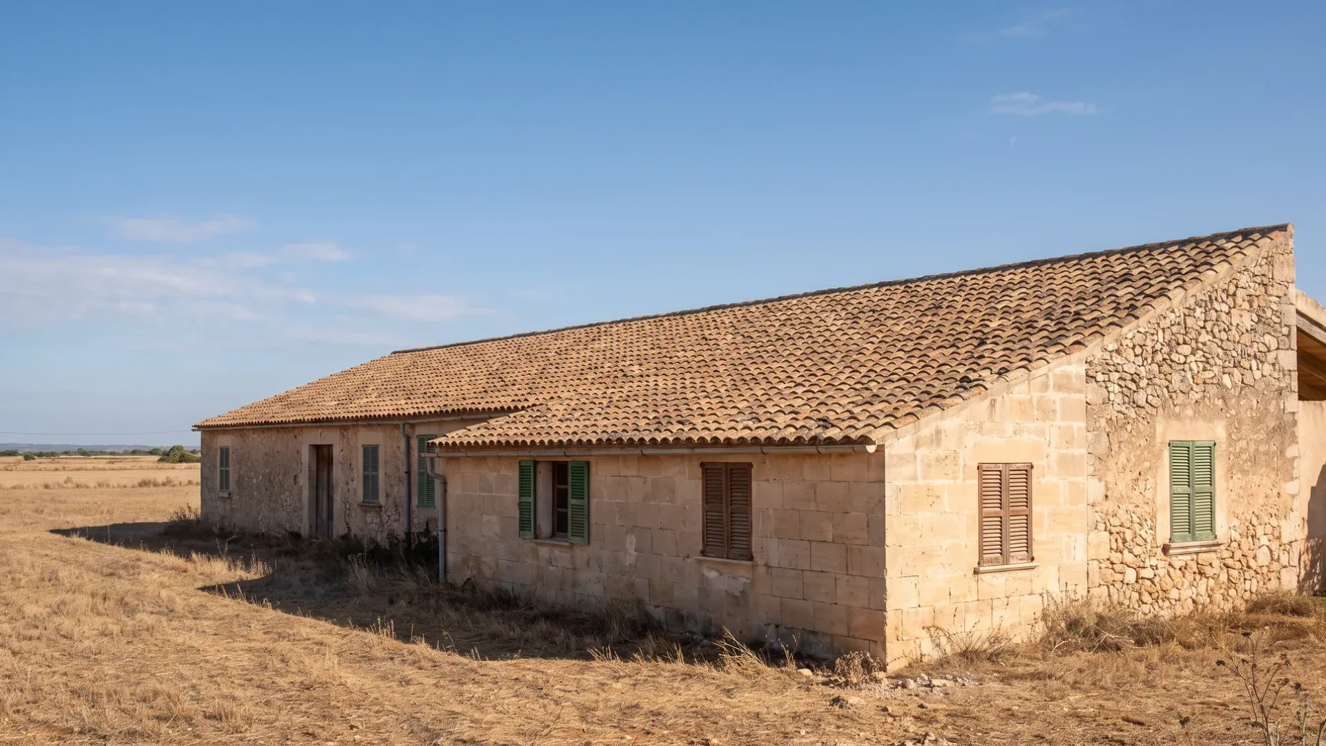 Long low wide Mallorcan farmhouse on flat farmland with a large expanse of terracotta roof