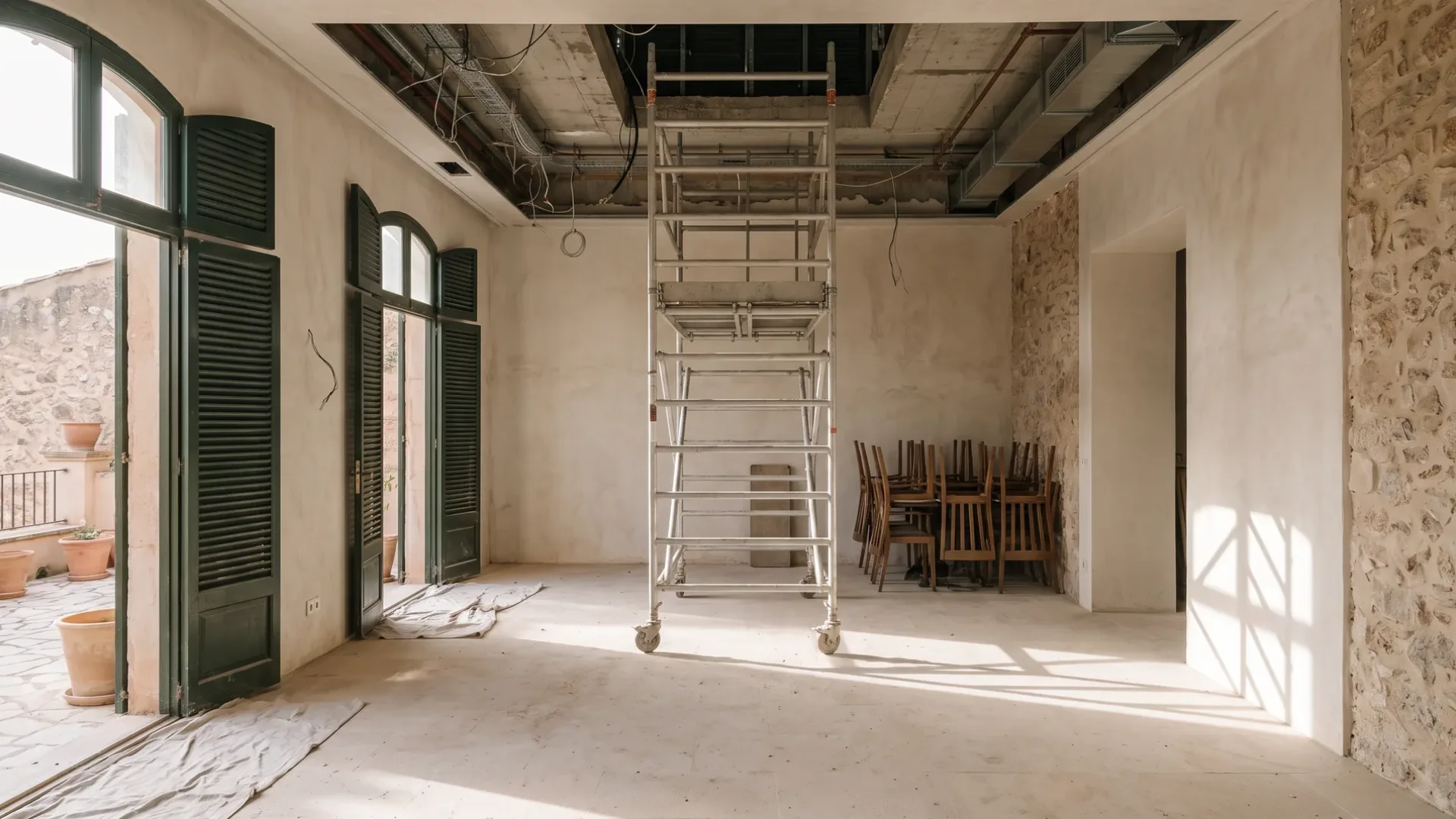 Hotel restaurant interior under refurbishment in Mallorca with an open ceiling and no furniture