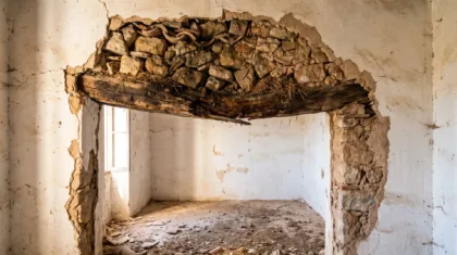 Opened wall in an old Mallorcan house showing a rotten timber lintel and a damp rubble core