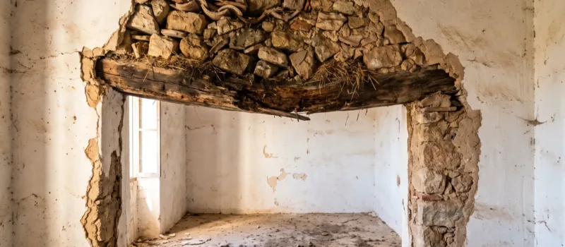 Muro abierto en una casa mallorquina antigua con un dintel de madera podrido y un núcleo de mampostería húmedo