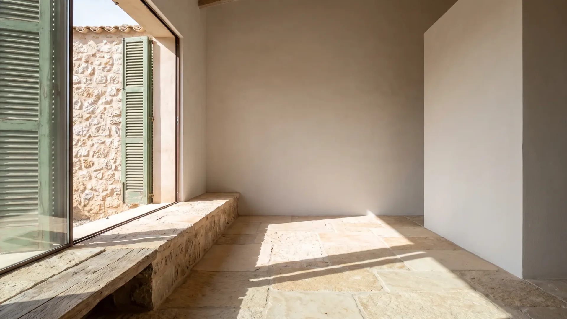 Contemporary Mallorcan interior with shadow-gap junctions, flush plaster and no skirting board