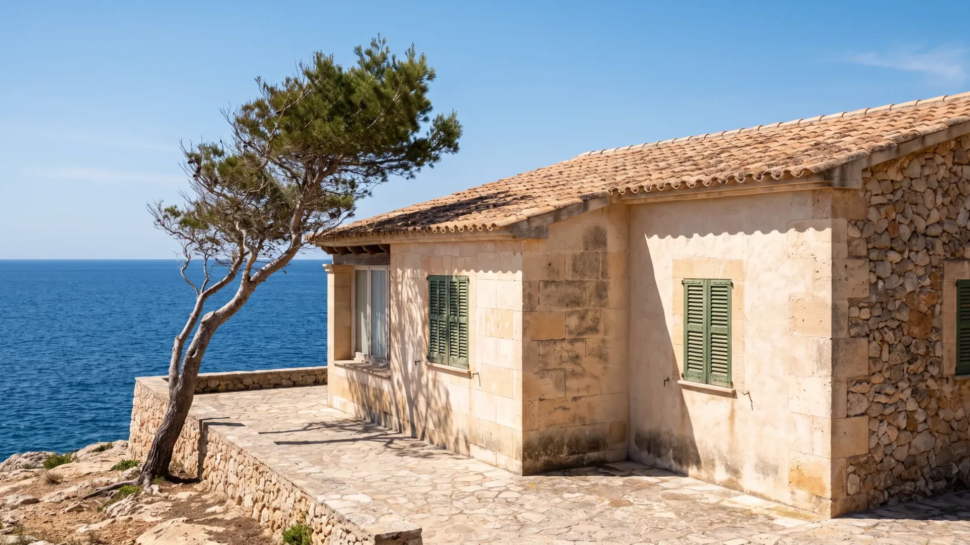 Parcela costera expuesta en Mallorca con una villa baja y un pino doblado por el viento en la esquina de la terraza