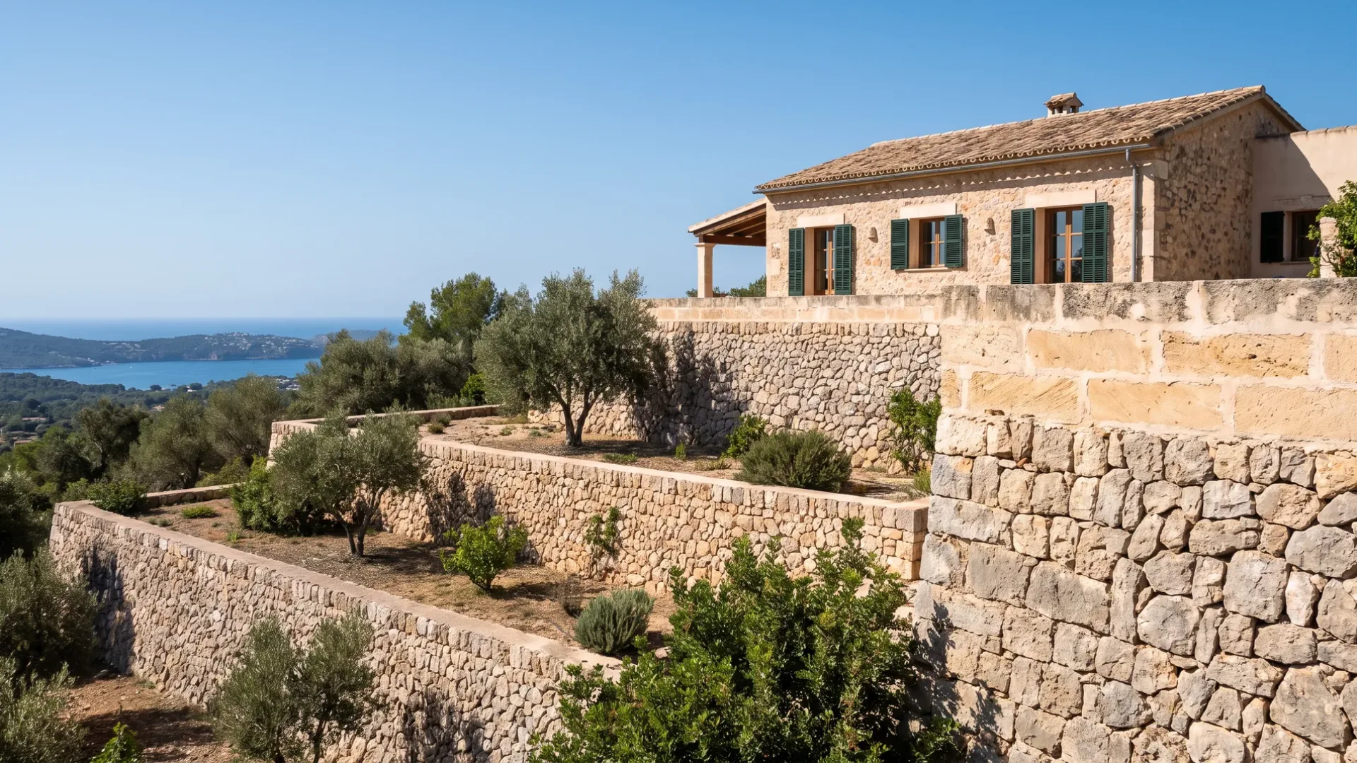 Steil terrassiertes mallorquinisches Grundstück, gehalten von hohen steinernen Stützmauern auf drei Ebenen