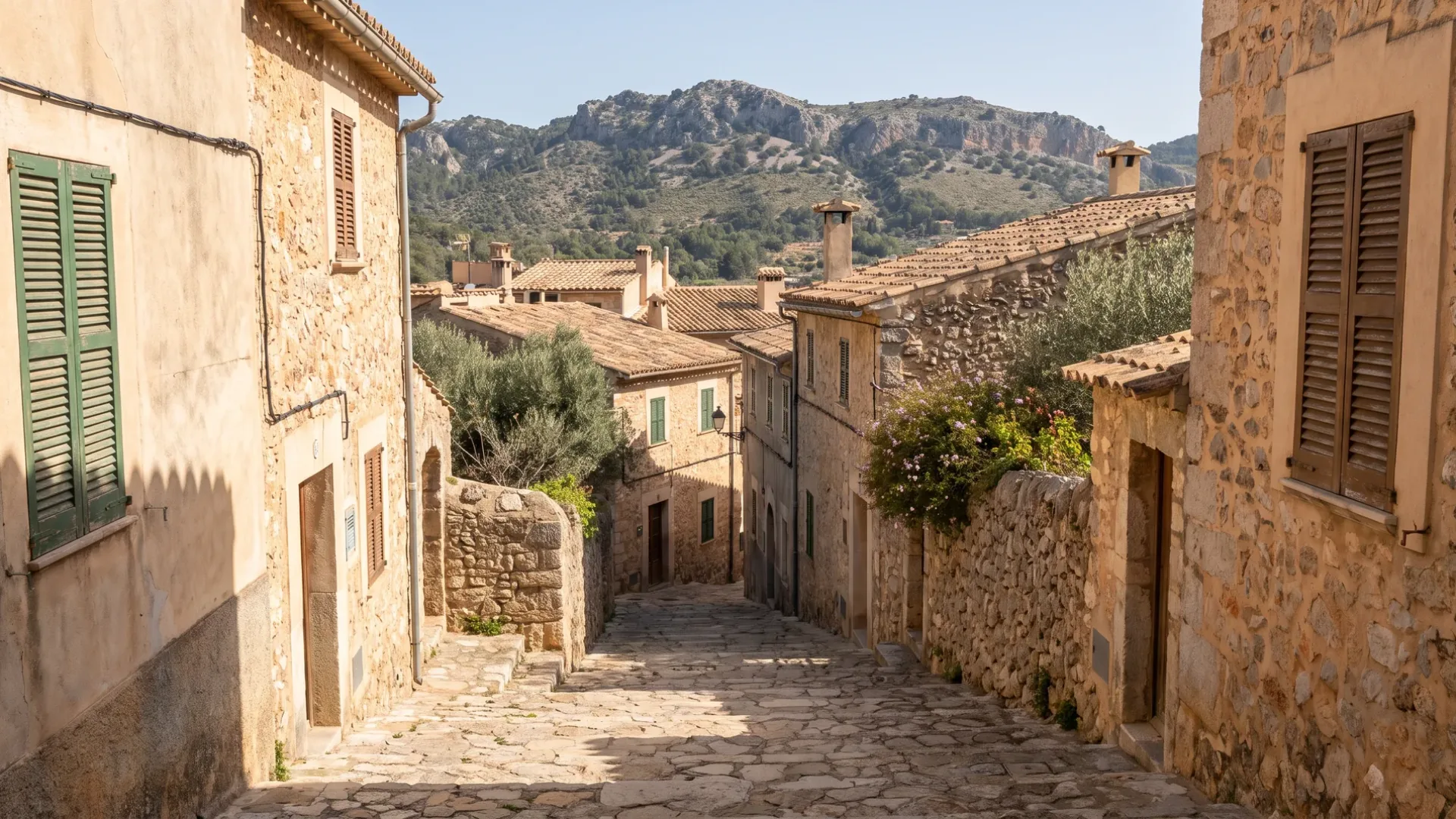 Gestufte Steingasse in einem mallorquinischen Bergdorf, viel zu schmal für jedes Fahrzeug