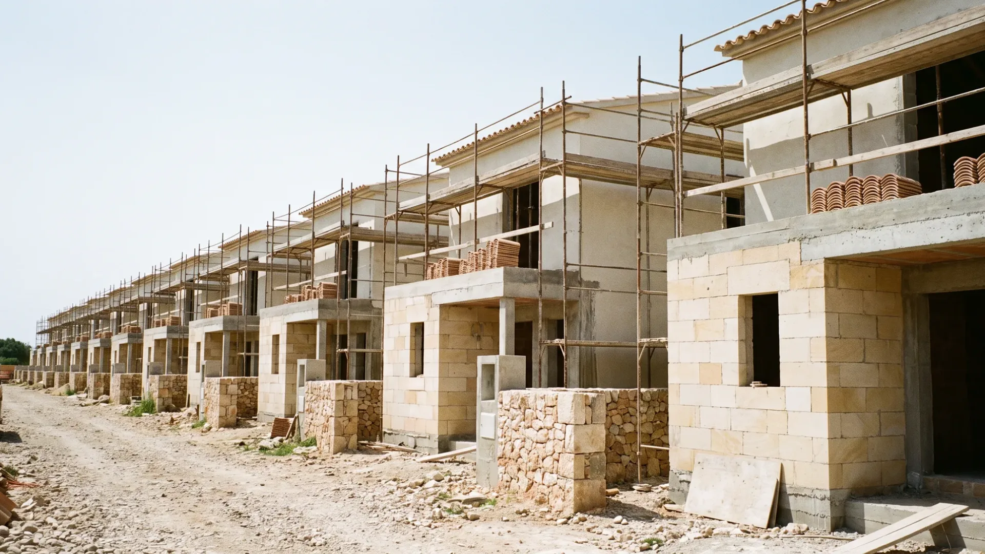 Row of identical Mallorcan houses under construction, each one at the same blockwork stage