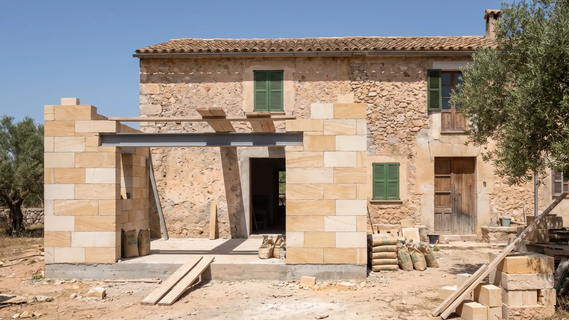 Single-storey extension under construction against the rear wall of a Mallorcan stone house