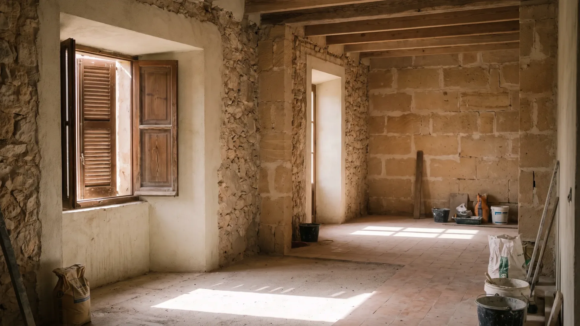 Unfinished interior of a Mallorcan house with bare plaster and a deep window reveal in daylight