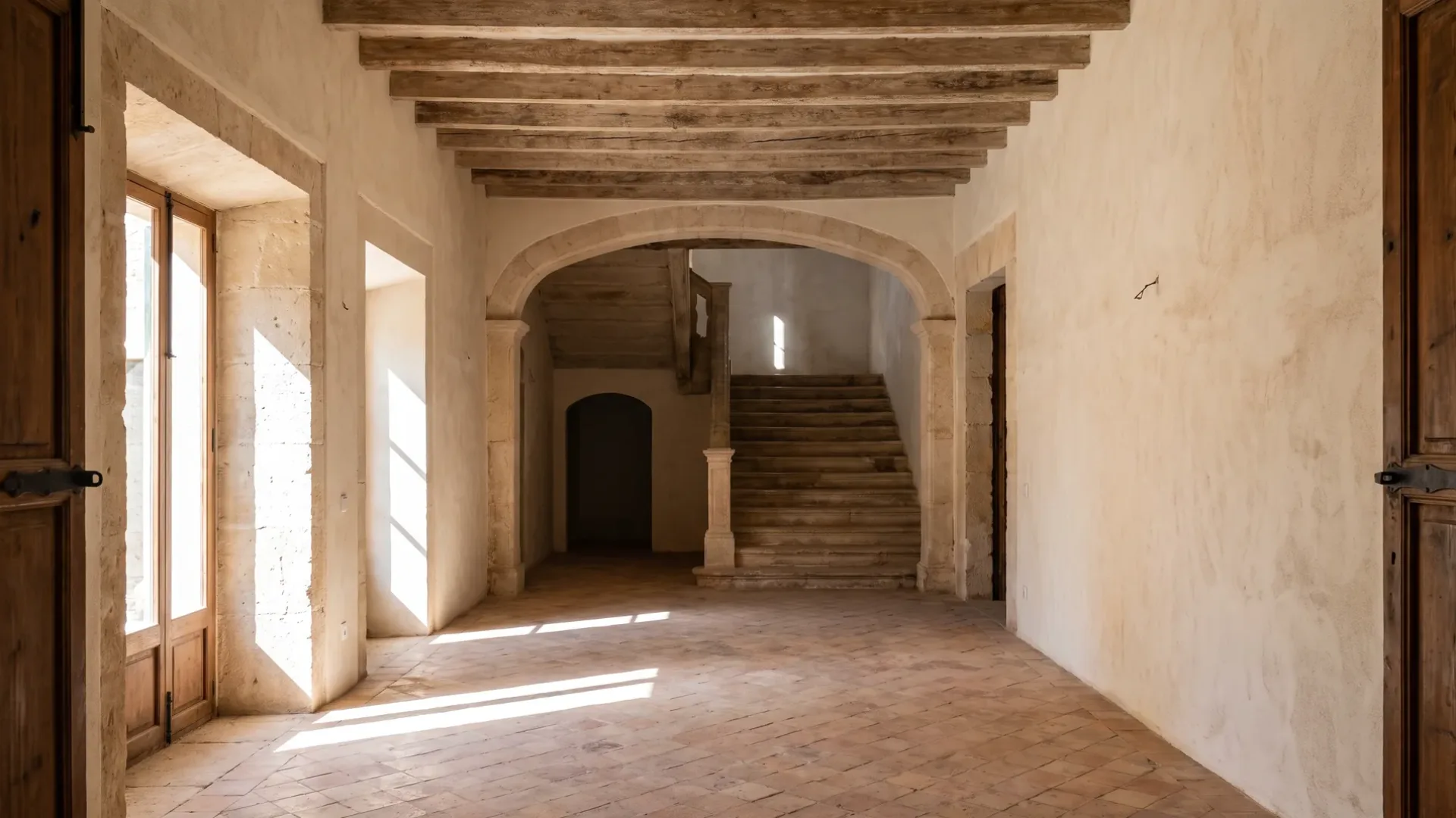 Hoher leerer Raum in einem mallorquinischen Sandstein-Stadthaus mit sehr hoher Decke und sichtbaren Balken