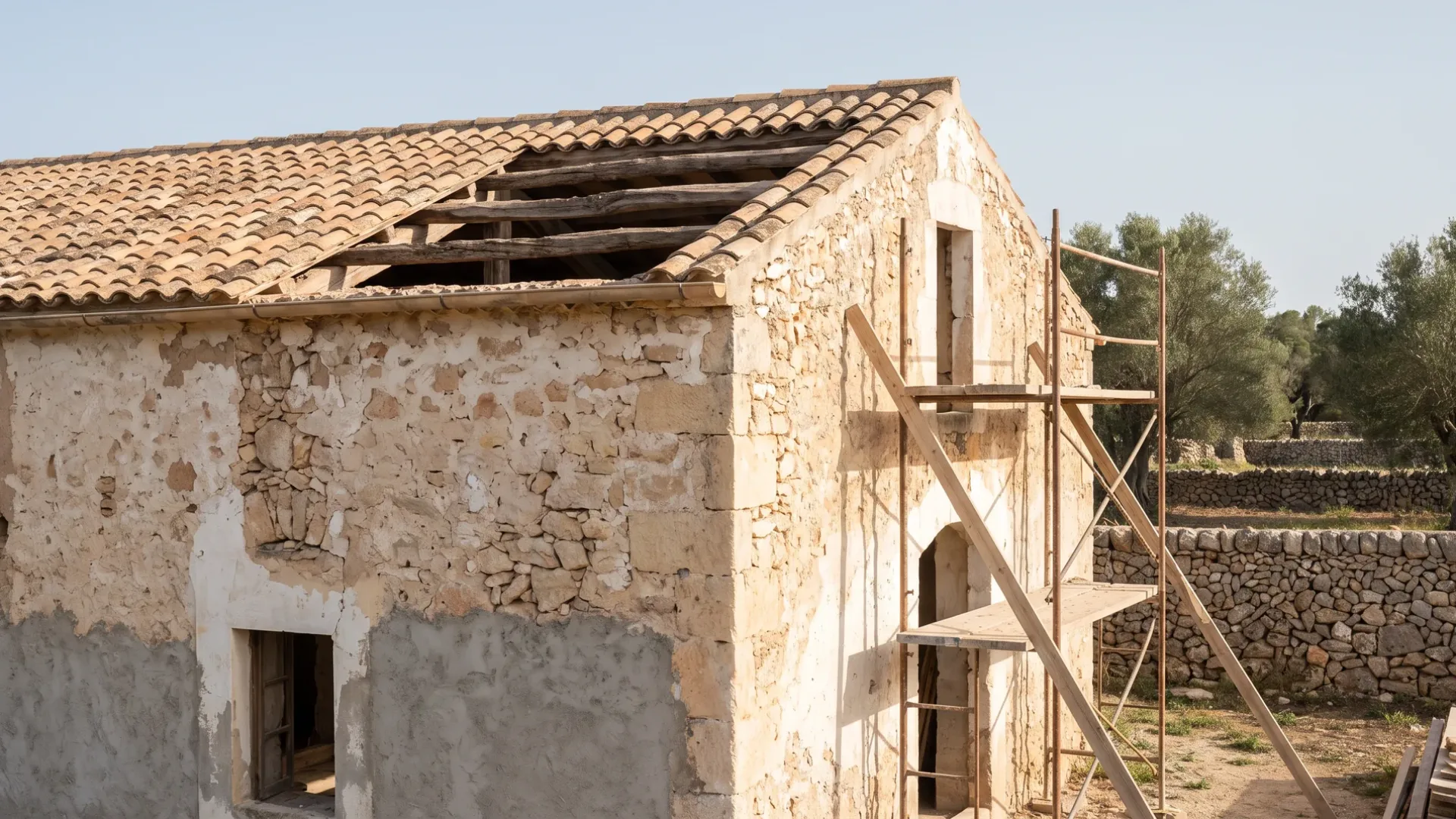 Old Mallorcan finca under renovation on farmland, roof open to its beams and scaffolding at the gable