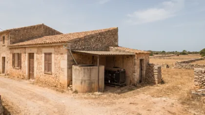 Mallorcan finca at the end of a dirt track with a water deposit and generator by the outbuildings