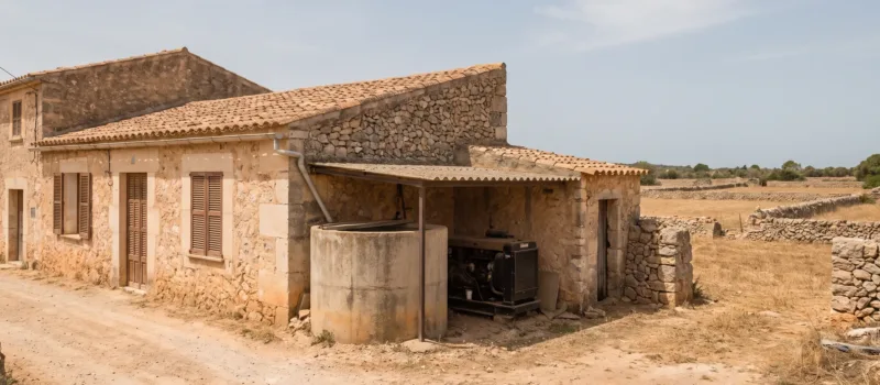 Mallorcan finca at the end of a dirt track with a water deposit and generator by the outbuildings
